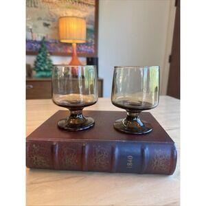 Vintage Libby Tawny Brown Stemmed Accent/Wine Glasses Set Of 2 Mid Century Retro